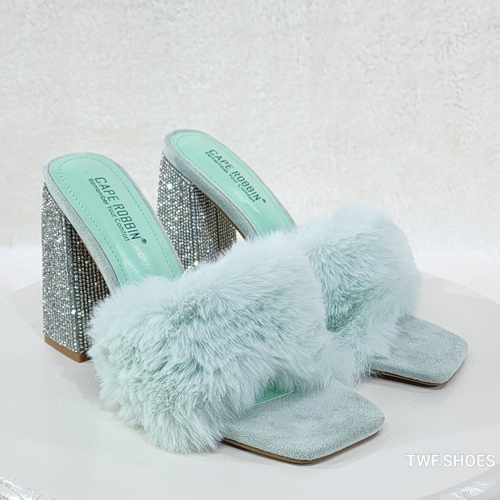 Furry Sparkle Mint Green Slip On Chunky Rhinestone Heel Shoes Marabou